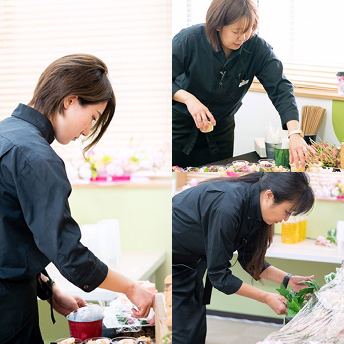 Collage showing a woman in a black uniform preparing a buffet, arranging plates and garnishes on a table.